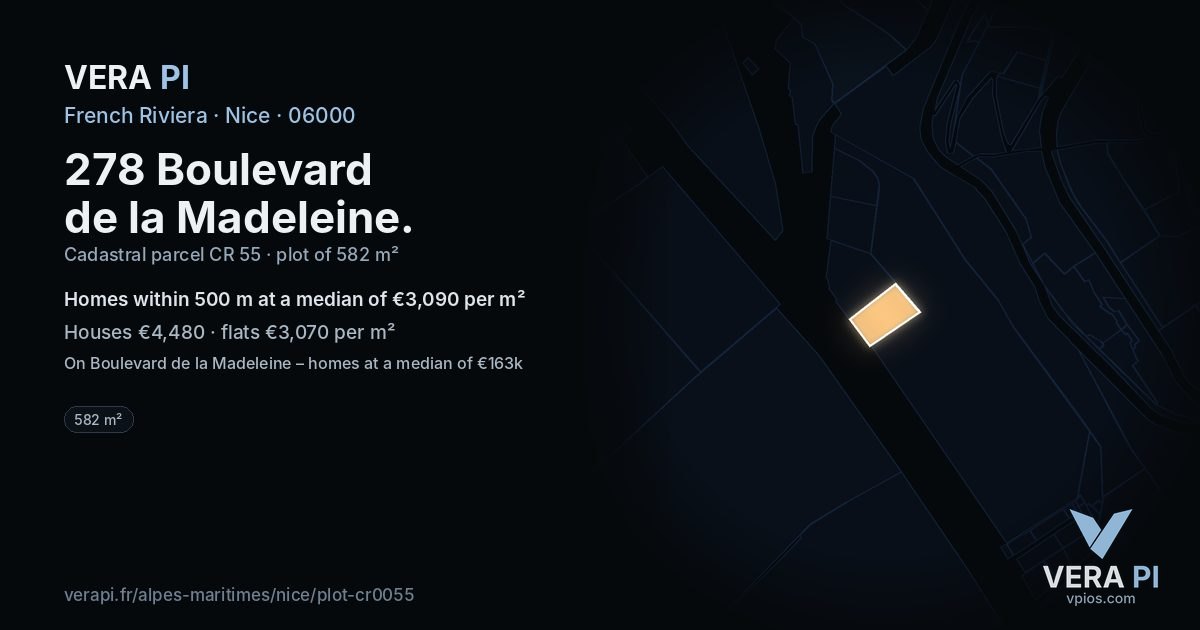 278 Boulevard de la Madeleine, Nice at night – the plot lit, the parcels around coloured by the prices near them
