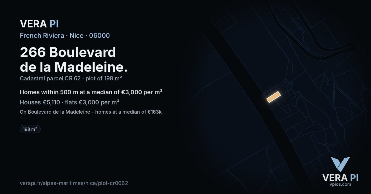 266 Boulevard de la Madeleine, Nice at night – the plot lit, the parcels around coloured by the prices near them
