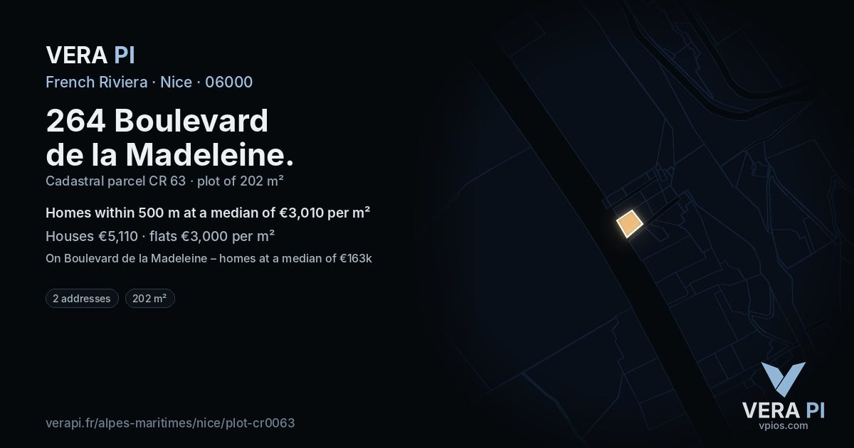 264 Boulevard de la Madeleine, Nice at night – the plot lit, the parcels around coloured by the prices near them