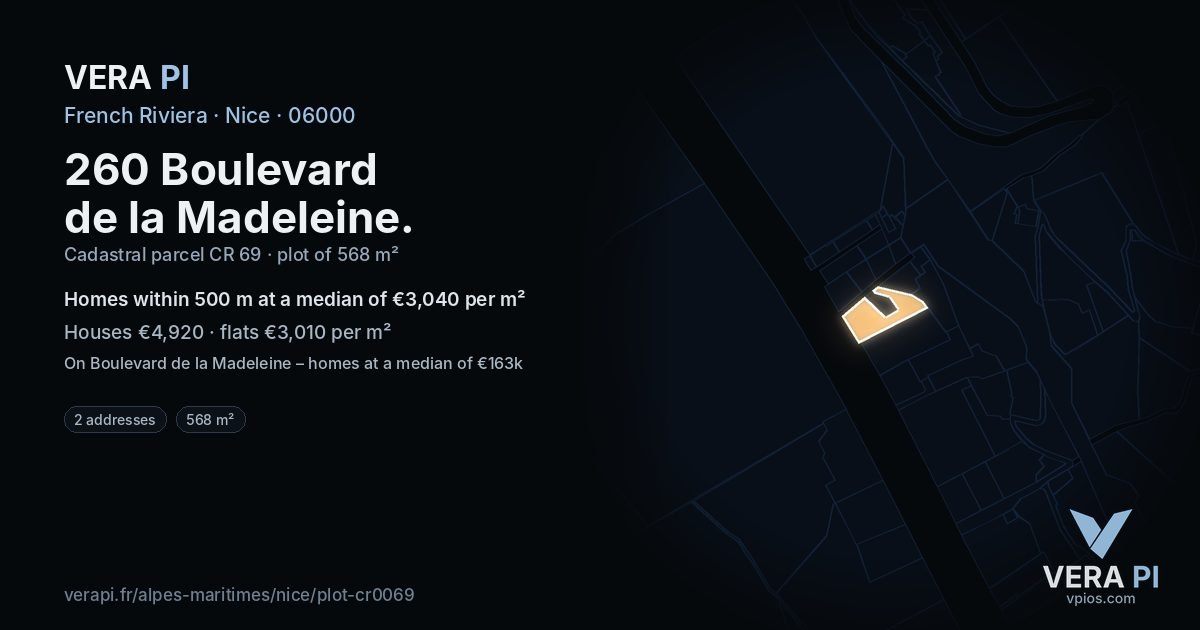 260 Boulevard de la Madeleine, Nice at night – the plot lit, the parcels around coloured by the prices near them