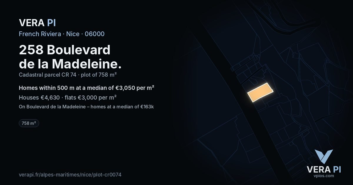 258 Boulevard de la Madeleine, Nice at night – the plot lit, the parcels around coloured by the prices near them