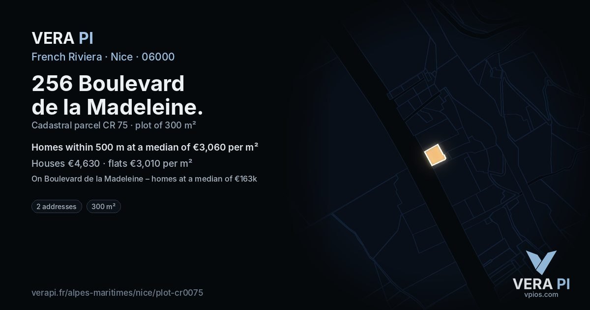 256 Boulevard de la Madeleine, Nice at night – the plot lit, the parcels around coloured by the prices near them