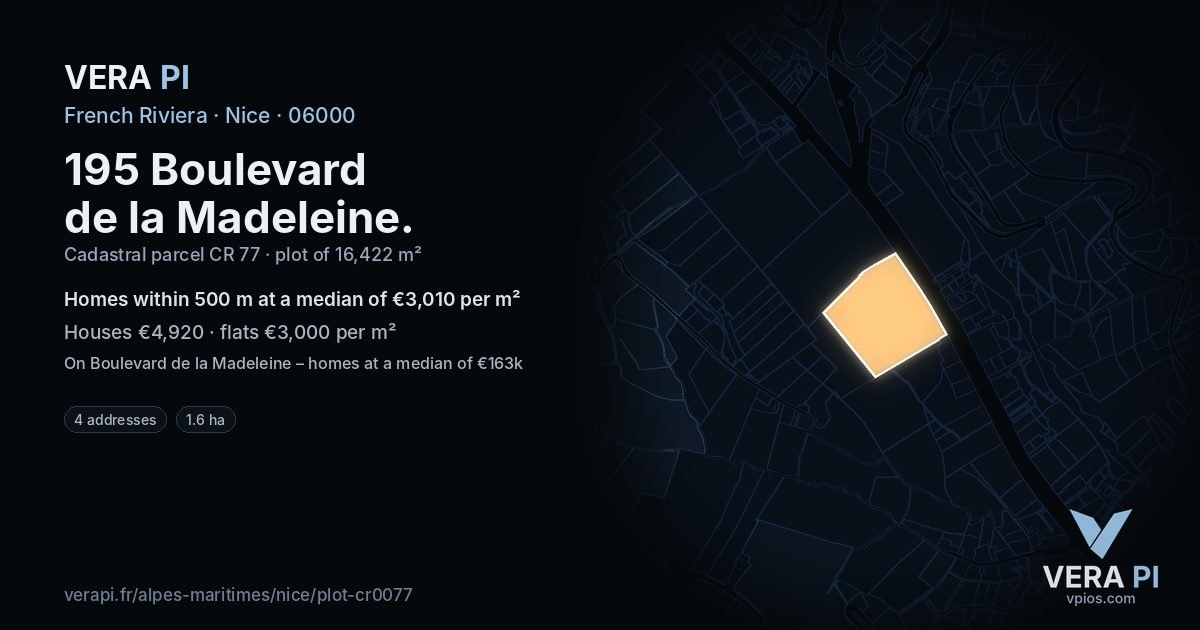 195 Boulevard de la Madeleine, Nice at night – the plot lit, the parcels around coloured by the prices near them
