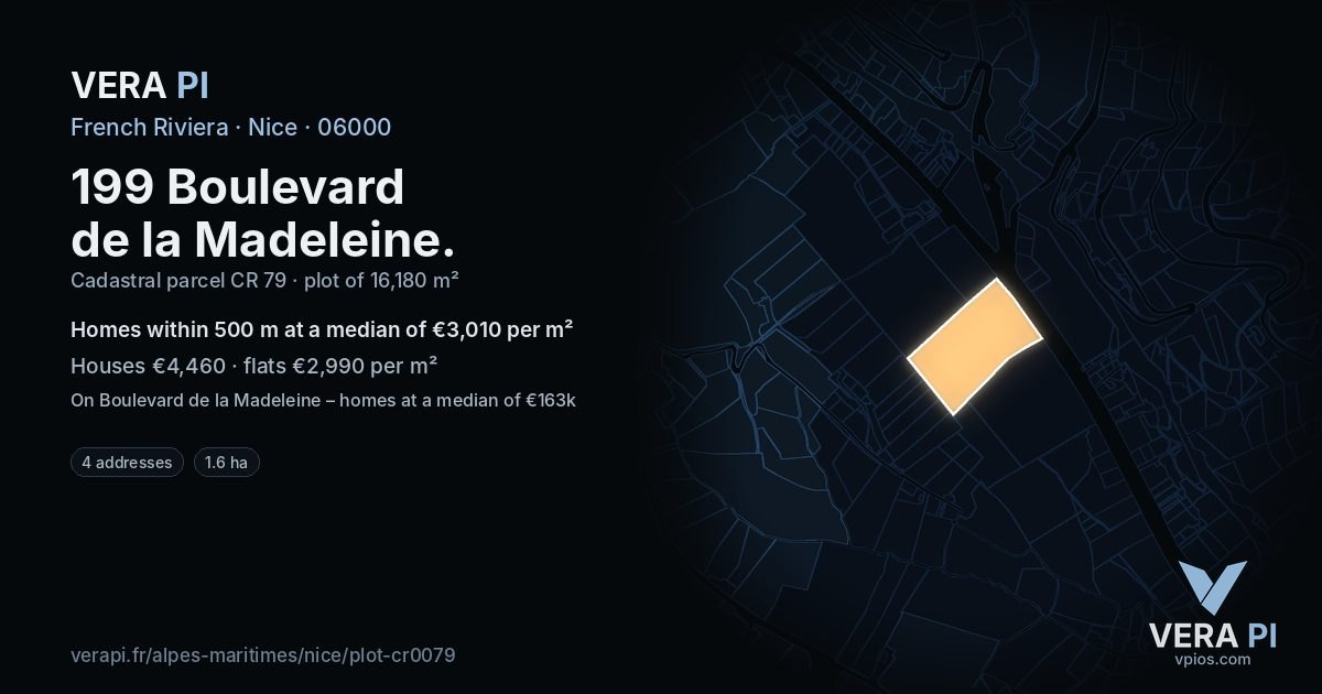 199 Boulevard de la Madeleine, Nice at night – the plot lit, the parcels around coloured by the prices near them