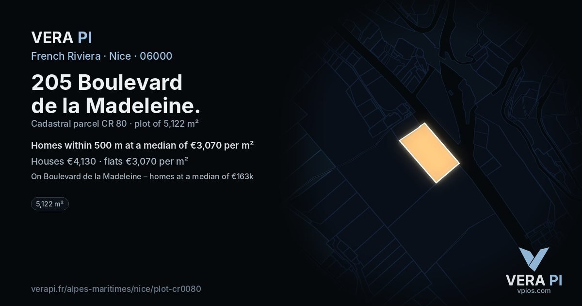 205 Boulevard de la Madeleine, Nice at night – the plot lit, the parcels around coloured by the prices near them