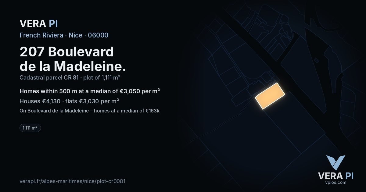 207 Boulevard de la Madeleine, Nice at night – the plot lit, the parcels around coloured by the prices near them