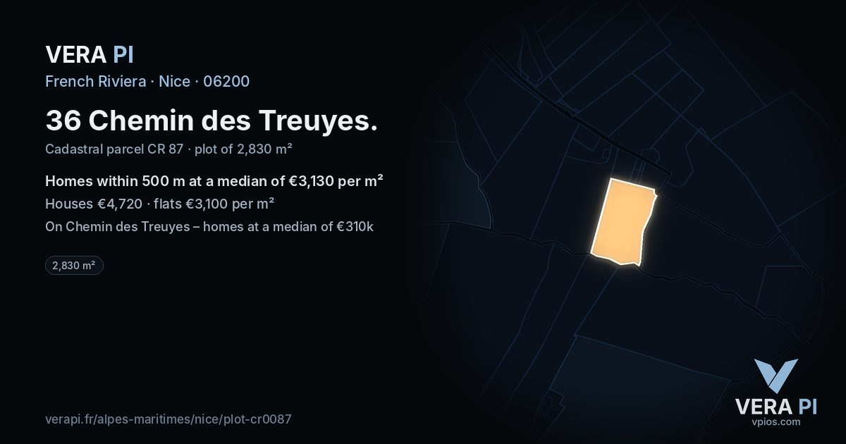 36 Chemin des Treuyes, Nice at night – the plot lit, the parcels around coloured by the prices near them