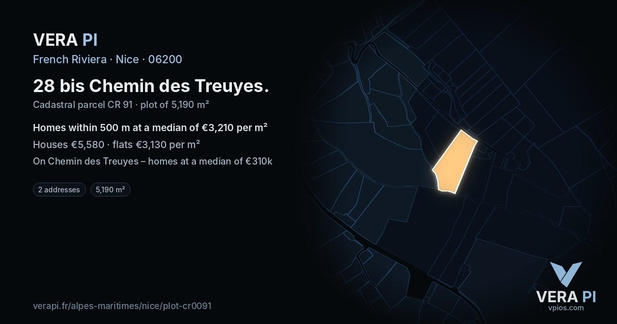 28 bis Chemin des Treuyes, Nice at night – the plot lit, the parcels around coloured by the prices near them