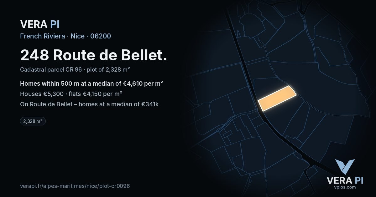 248 Route de Bellet, Nice at night – the plot lit, the parcels around coloured by the prices near them