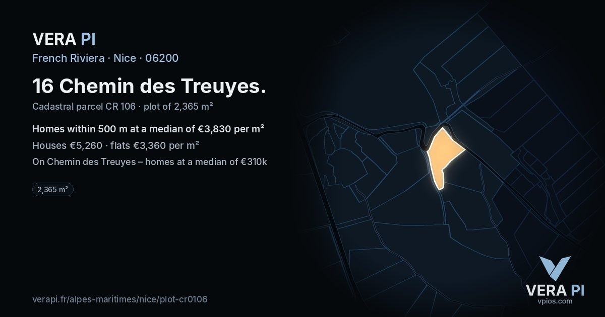 16 Chemin des Treuyes, Nice at night – the plot lit, the parcels around coloured by the prices near them