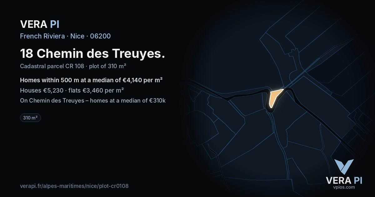 18 Chemin des Treuyes, Nice at night – the plot lit, the parcels around coloured by the prices near them