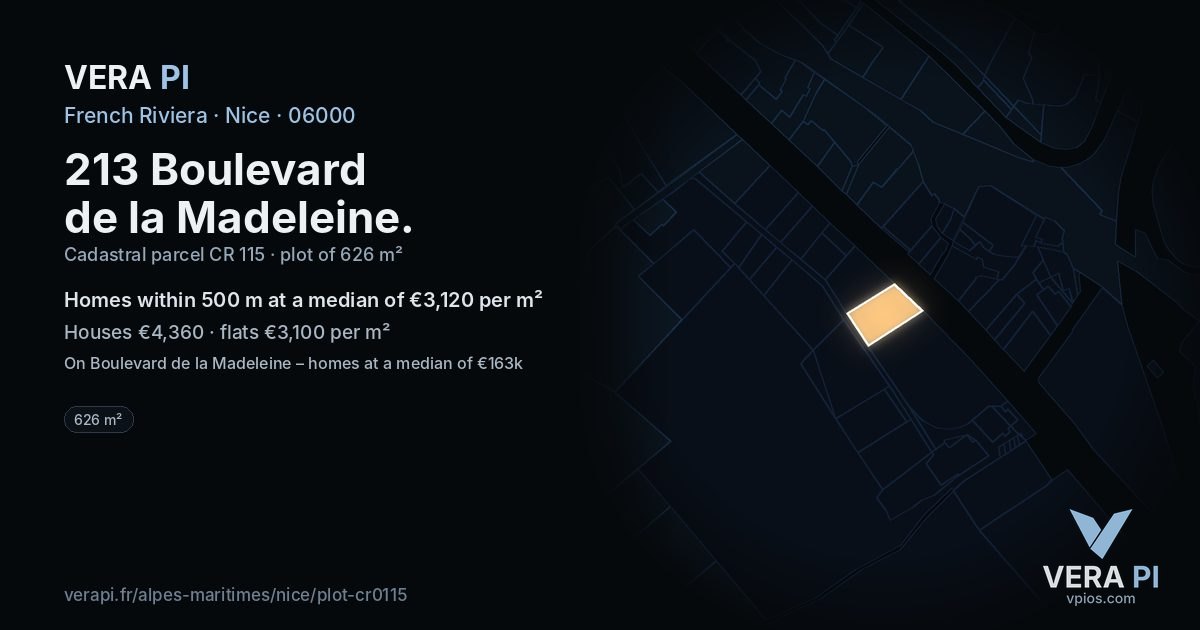 213 Boulevard de la Madeleine, Nice at night – the plot lit, the parcels around coloured by the prices near them