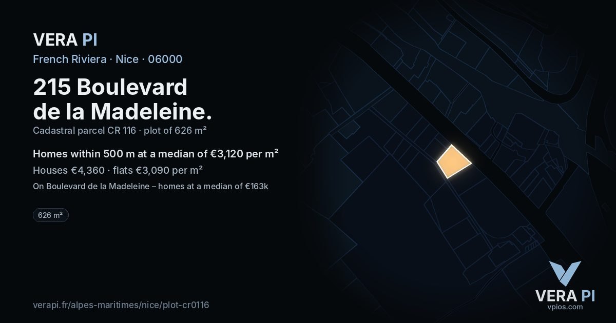 215 Boulevard de la Madeleine, Nice at night – the plot lit, the parcels around coloured by the prices near them