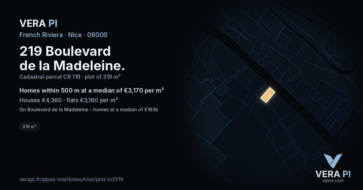 219 Boulevard de la Madeleine, Nice at night – the plot lit, the parcels around coloured by the prices near them
