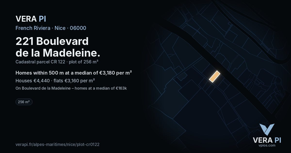 221 Boulevard de la Madeleine, Nice at night – the plot lit, the parcels around coloured by the prices near them