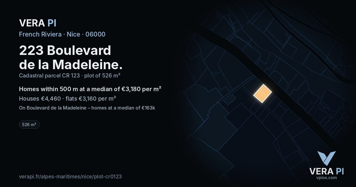 223 Boulevard de la Madeleine, Nice at night – the plot lit, the parcels around coloured by the prices near them