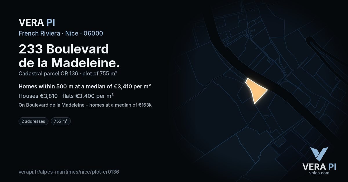233 Boulevard de la Madeleine, Nice at night – the plot lit, the parcels around coloured by the prices near them