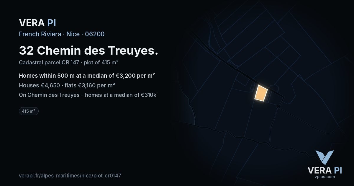 32 Chemin des Treuyes, Nice at night – the plot lit, the parcels around coloured by the prices near them