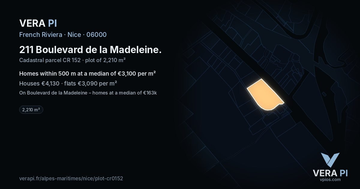 211 Boulevard de la Madeleine, Nice at night – the plot lit, the parcels around coloured by the prices near them