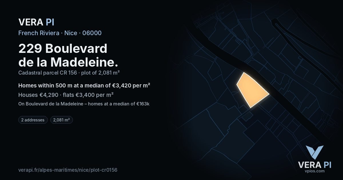 229 Boulevard de la Madeleine, Nice at night – the plot lit, the parcels around coloured by the prices near them