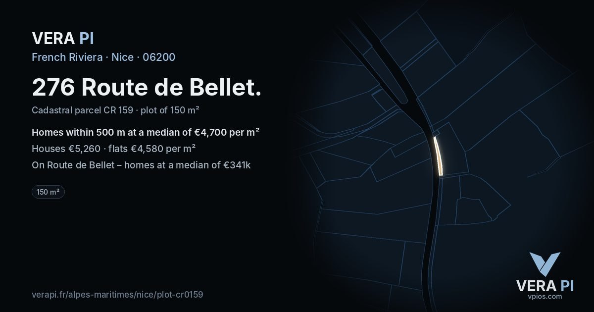 276 Route de Bellet, Nice at night – the plot lit, the parcels around coloured by the prices near them