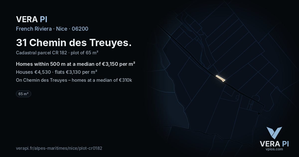 31 Chemin des Treuyes, Nice at night – the plot lit, the parcels around coloured by the prices near them