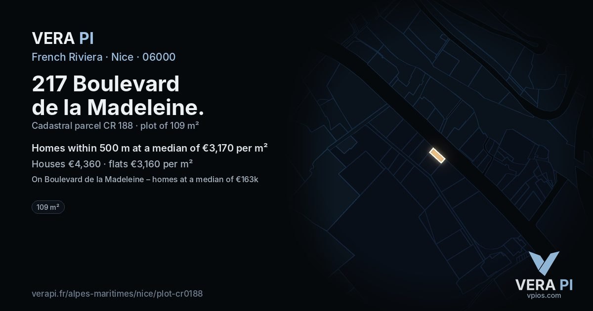 217 Boulevard de la Madeleine, Nice at night – the plot lit, the parcels around coloured by the prices near them