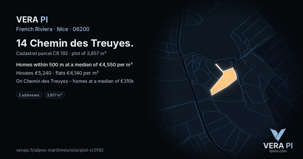 14 Chemin des Treuyes, Nice at night – the plot lit, the parcels around coloured by the prices near them
