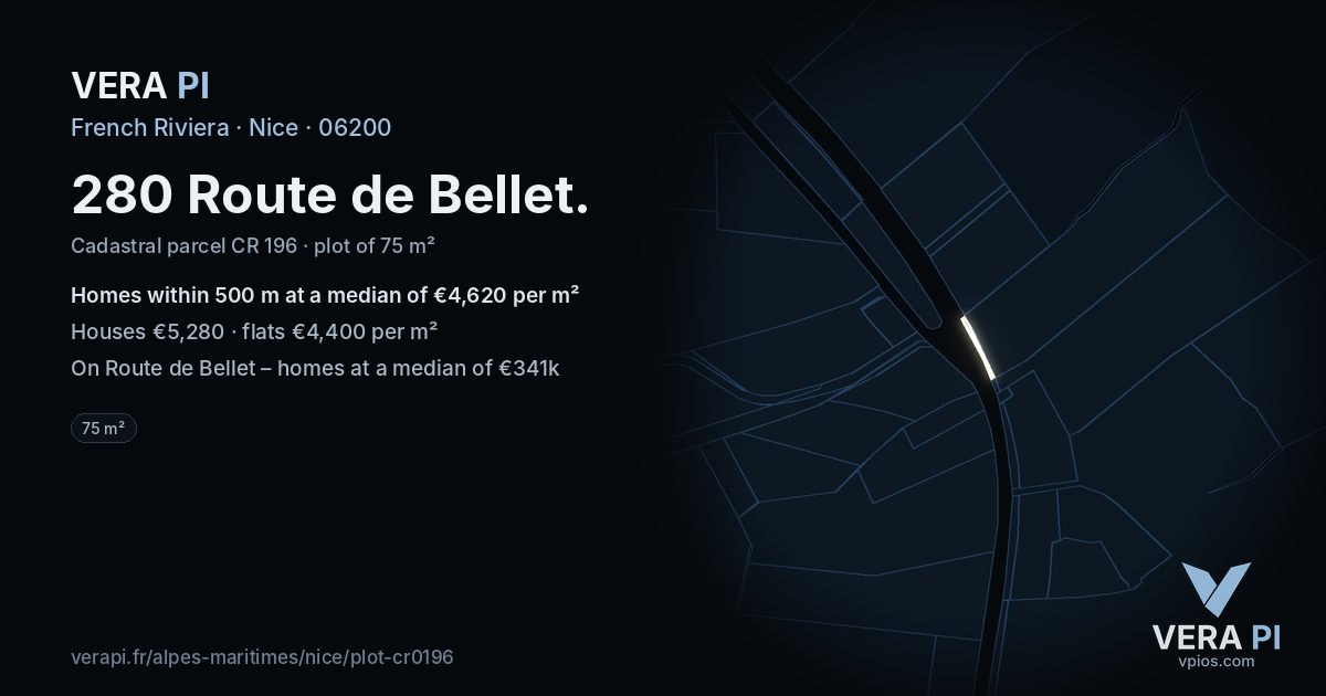 280 Route de Bellet, Nice at night – the plot lit, the parcels around coloured by the prices near them