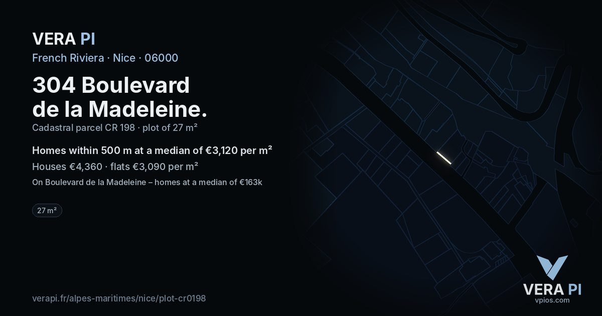 304 Boulevard de la Madeleine, Nice at night – the plot lit, the parcels around coloured by the prices near them