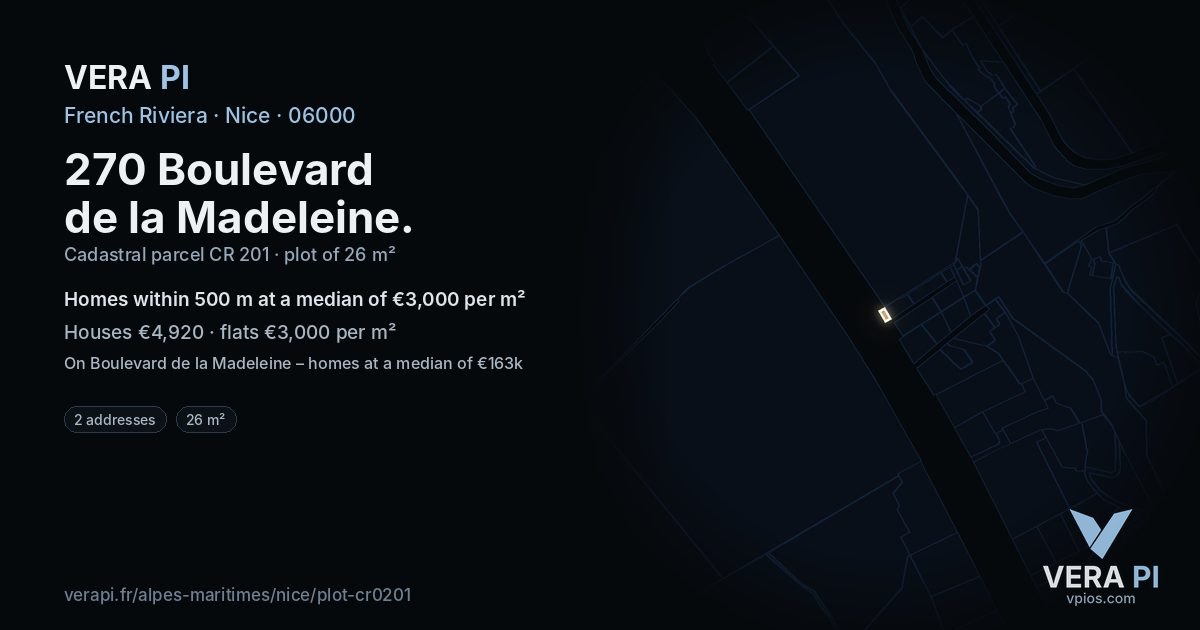 270 Boulevard de la Madeleine, Nice at night – the plot lit, the parcels around coloured by the prices near them