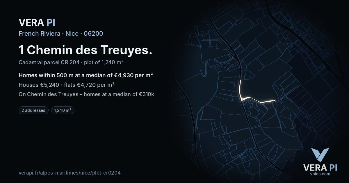1 Chemin des Treuyes, Nice at night – the plot lit, the parcels around coloured by the prices near them