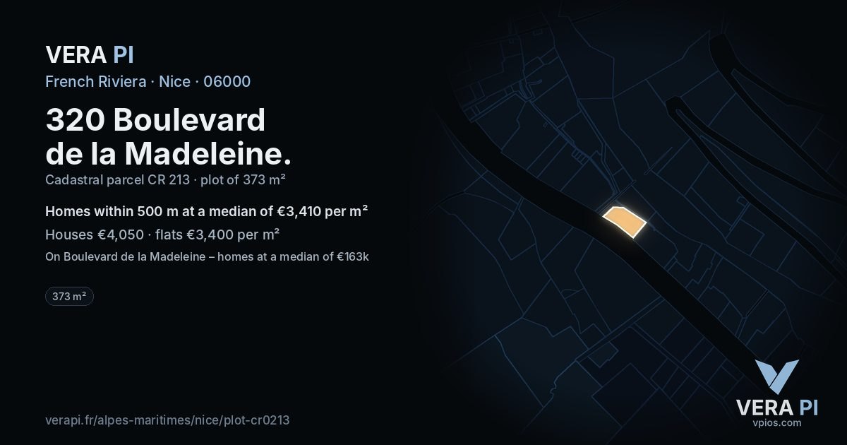 320 Boulevard de la Madeleine, Nice at night – the plot lit, the parcels around coloured by the prices near them