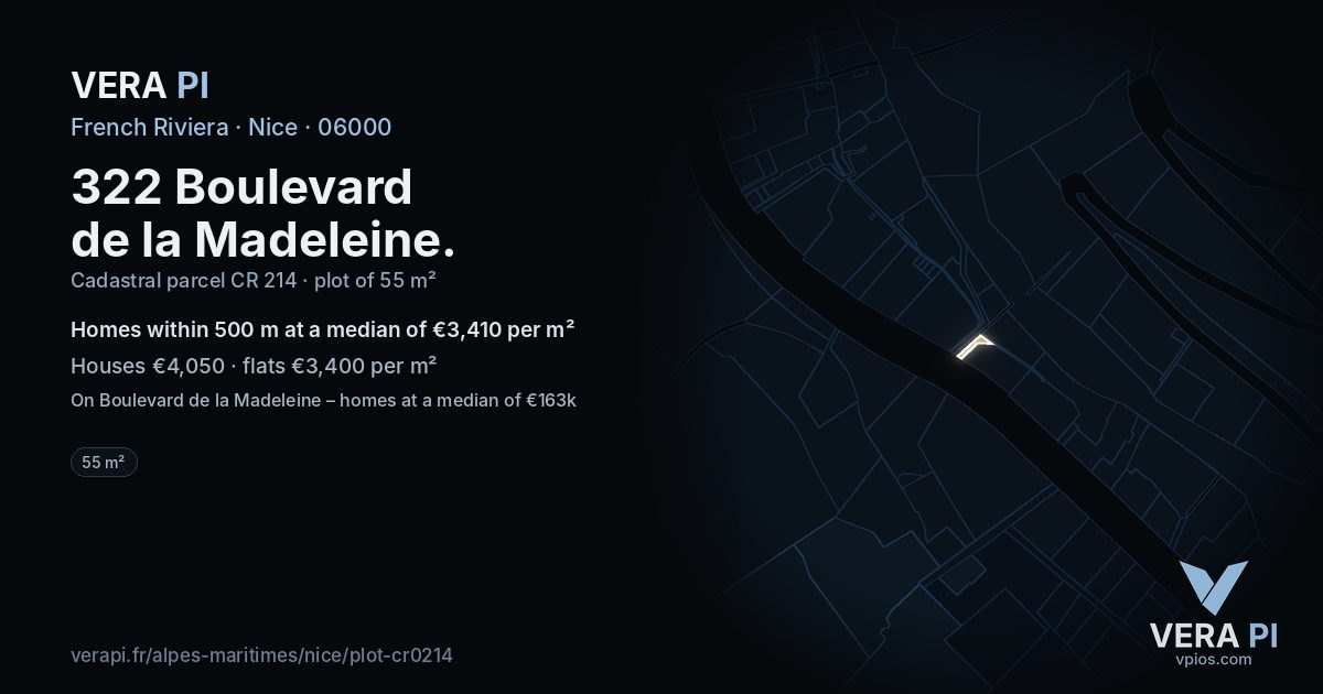 322 Boulevard de la Madeleine, Nice at night – the plot lit, the parcels around coloured by the prices near them