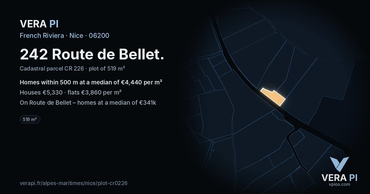 242 Route de Bellet, Nice at night – the plot lit, the parcels around coloured by the prices near them