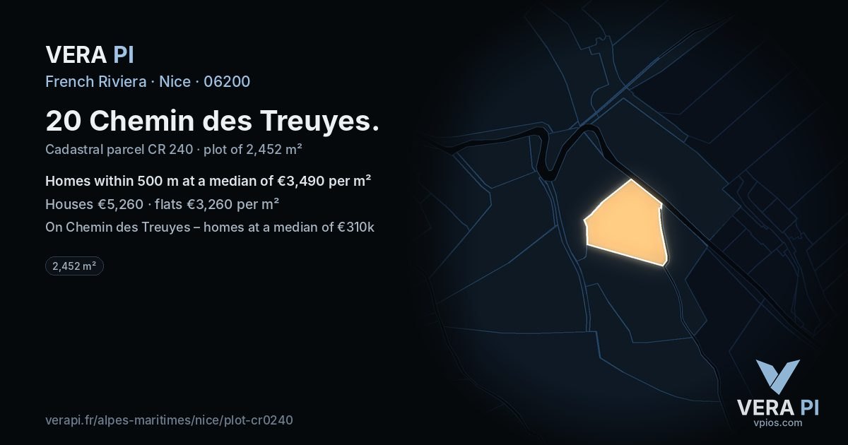 20 Chemin des Treuyes, Nice at night – the plot lit, the parcels around coloured by the prices near them