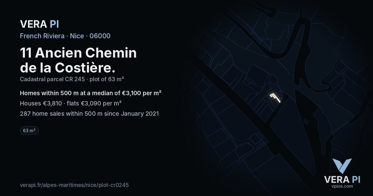 11 Ancien Chemin de la Costière, Nice at night – the plot lit, the parcels around coloured by the prices near them