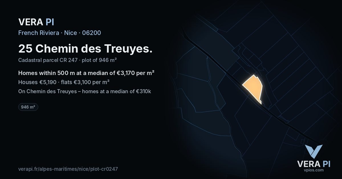 25 Chemin des Treuyes, Nice at night – the plot lit, the parcels around coloured by the prices near them