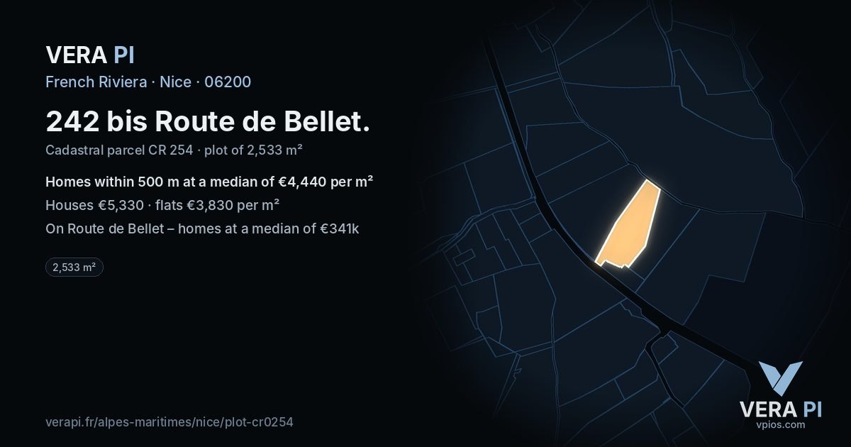 242 bis Route de Bellet, Nice at night – the plot lit, the parcels around coloured by the prices near them
