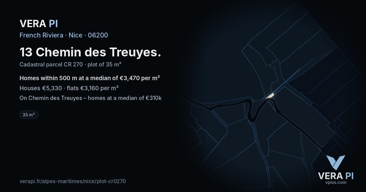 13 Chemin des Treuyes, Nice at night – the plot lit, the parcels around coloured by the prices near them
