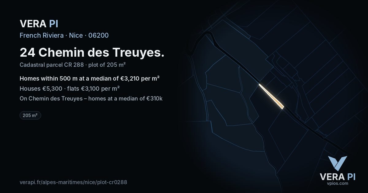 24 Chemin des Treuyes, Nice at night – the plot lit, the parcels around coloured by the prices near them