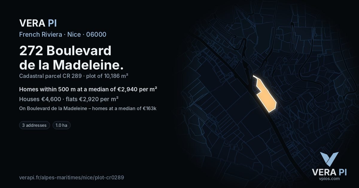 272 Boulevard de la Madeleine, Nice at night – the plot lit, the parcels around coloured by the prices near them