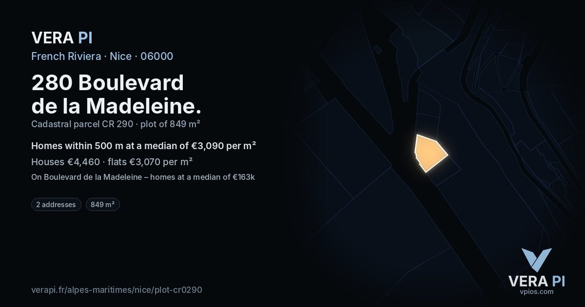 280 Boulevard de la Madeleine, Nice at night – the plot lit, the parcels around coloured by the prices near them