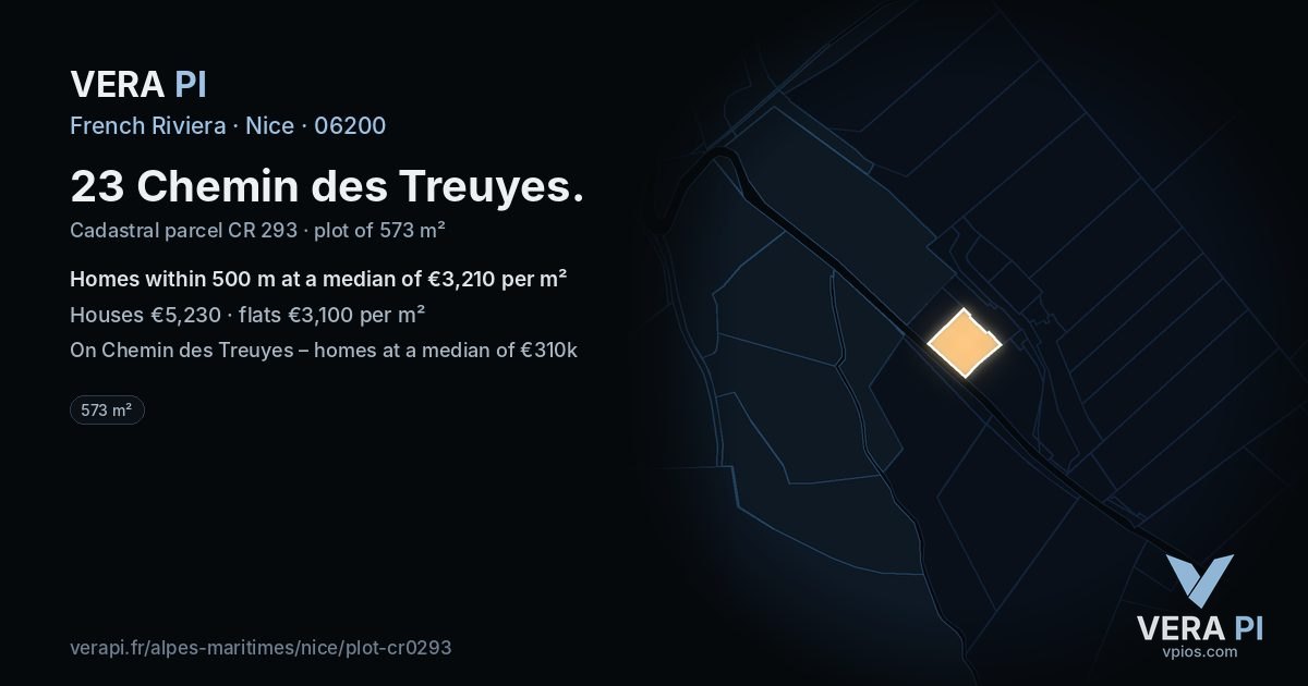 23 Chemin des Treuyes, Nice at night – the plot lit, the parcels around coloured by the prices near them