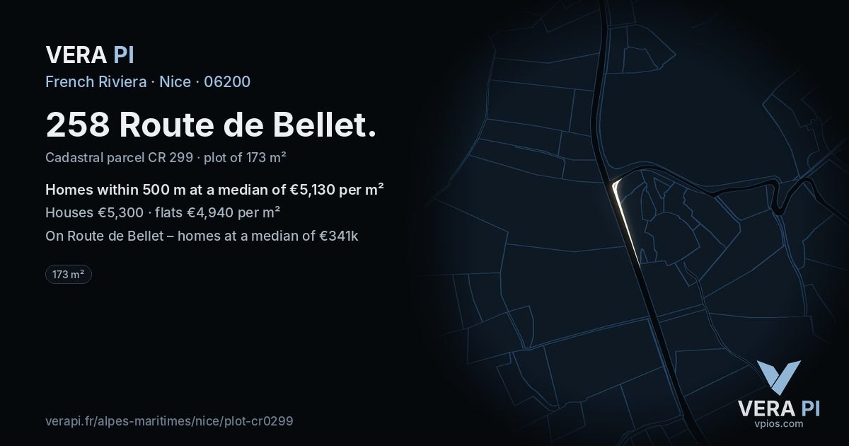 258 Route de Bellet, Nice at night – the plot lit, the parcels around coloured by the prices near them