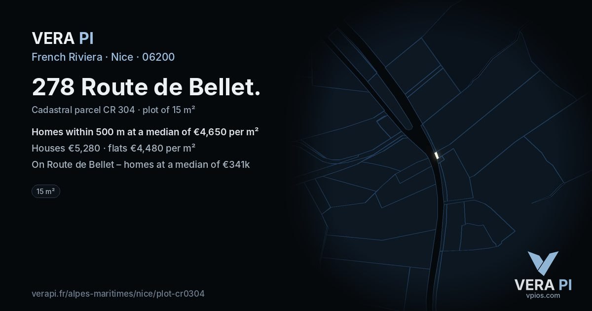278 Route de Bellet, Nice at night – the plot lit, the parcels around coloured by the prices near them