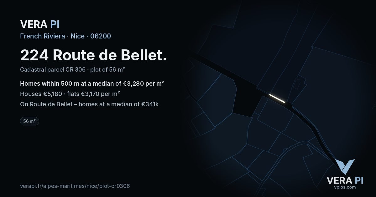 224 Route de Bellet, Nice at night – the plot lit, the parcels around coloured by the prices near them
