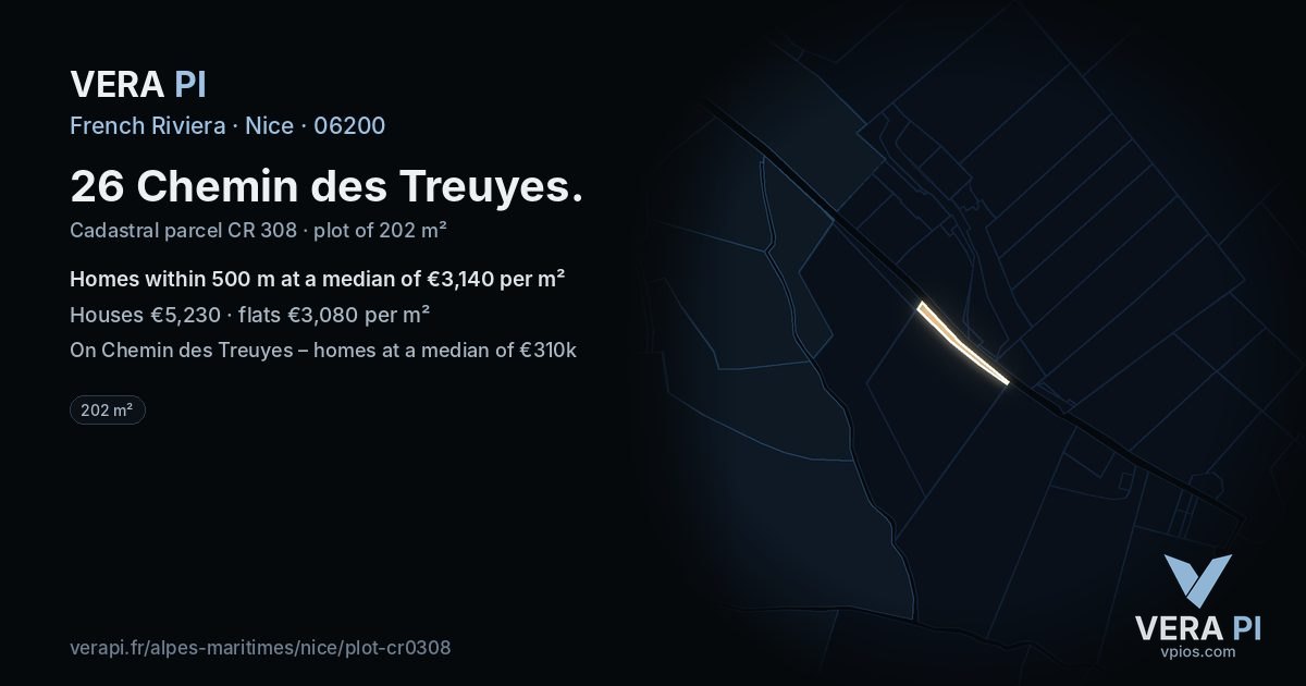 26 Chemin des Treuyes, Nice at night – the plot lit, the parcels around coloured by the prices near them