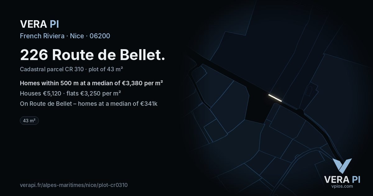 226 Route de Bellet, Nice at night – the plot lit, the parcels around coloured by the prices near them