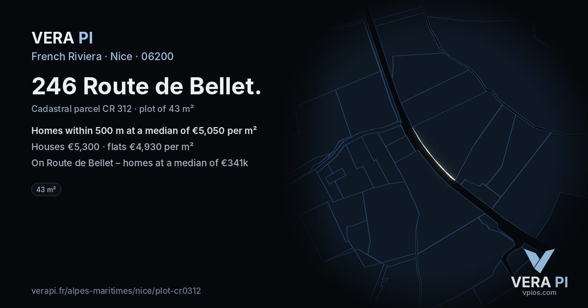 246 Route de Bellet, Nice at night – the plot lit, the parcels around coloured by the prices near them